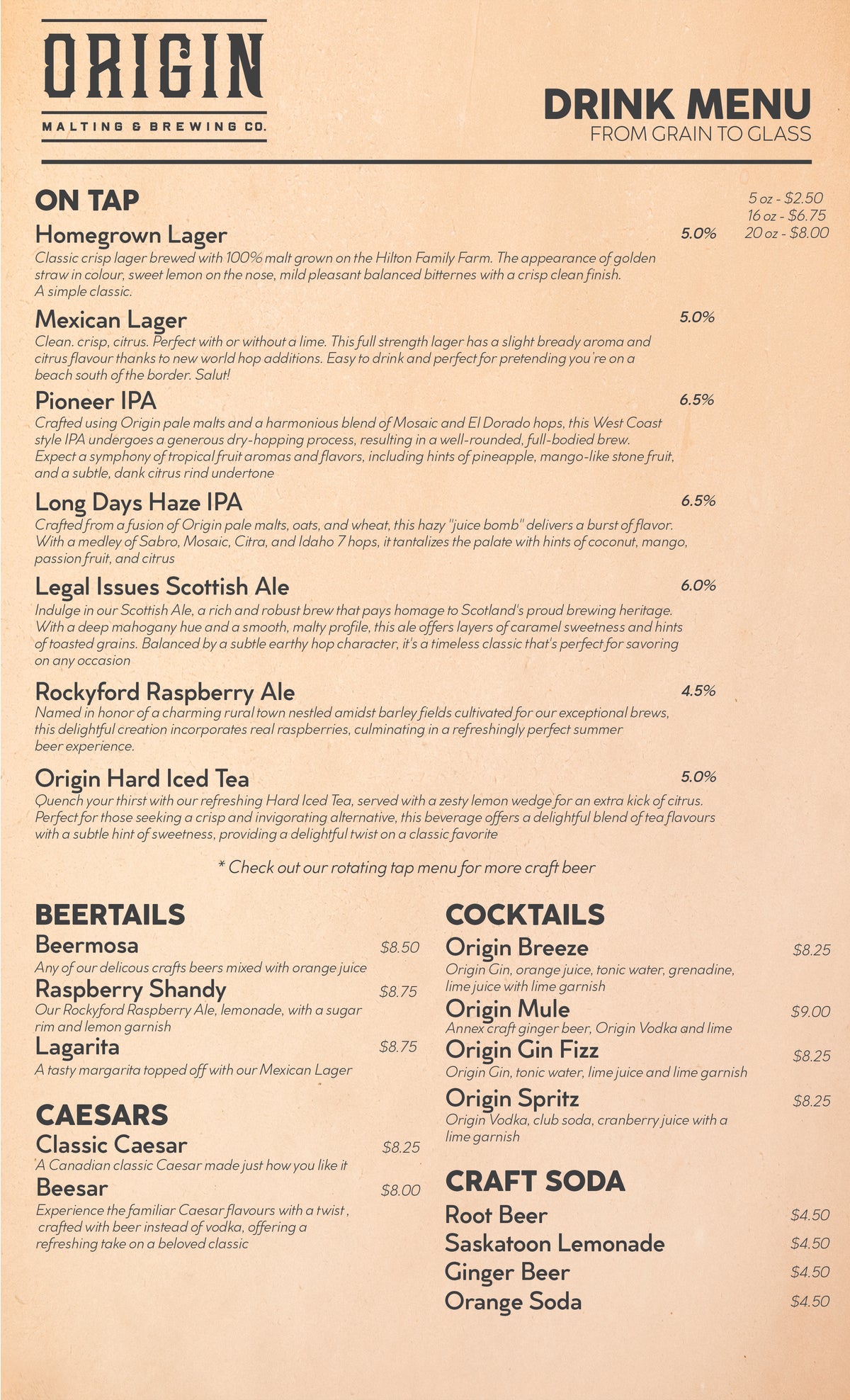Origin Drink Menu – Origin Malting & Brewing Co. Ltd